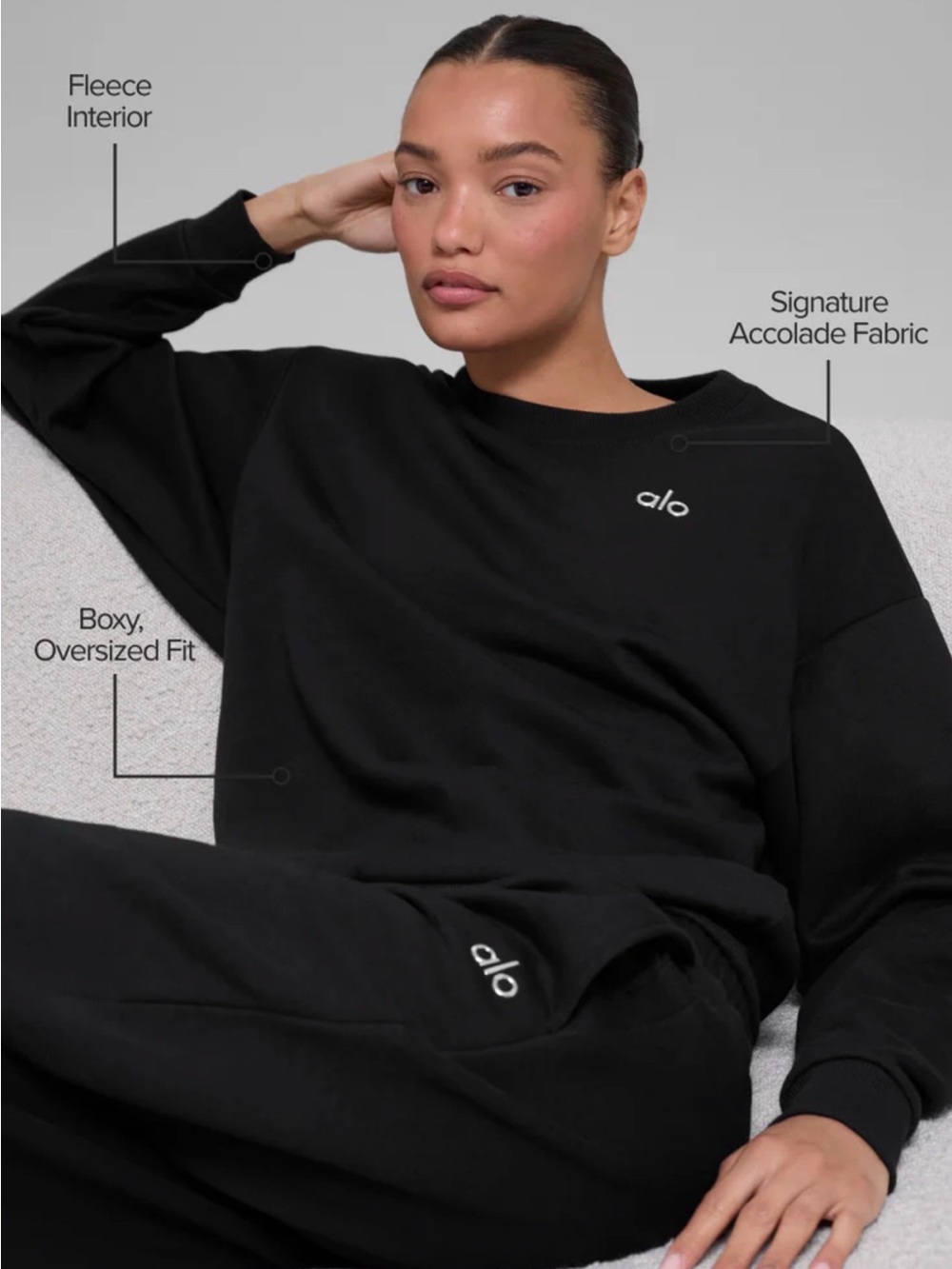 ALO Yoga Black Accolade Crew Neck Sweatshirt Pullover Medium - Picture 2 of 9